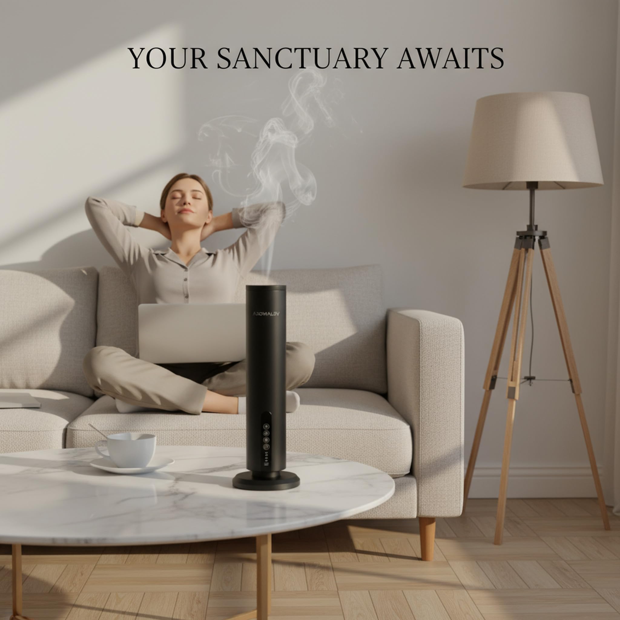 AROMALEV Tower Diffuser coverage up to 1200 sq ft for large rooms.