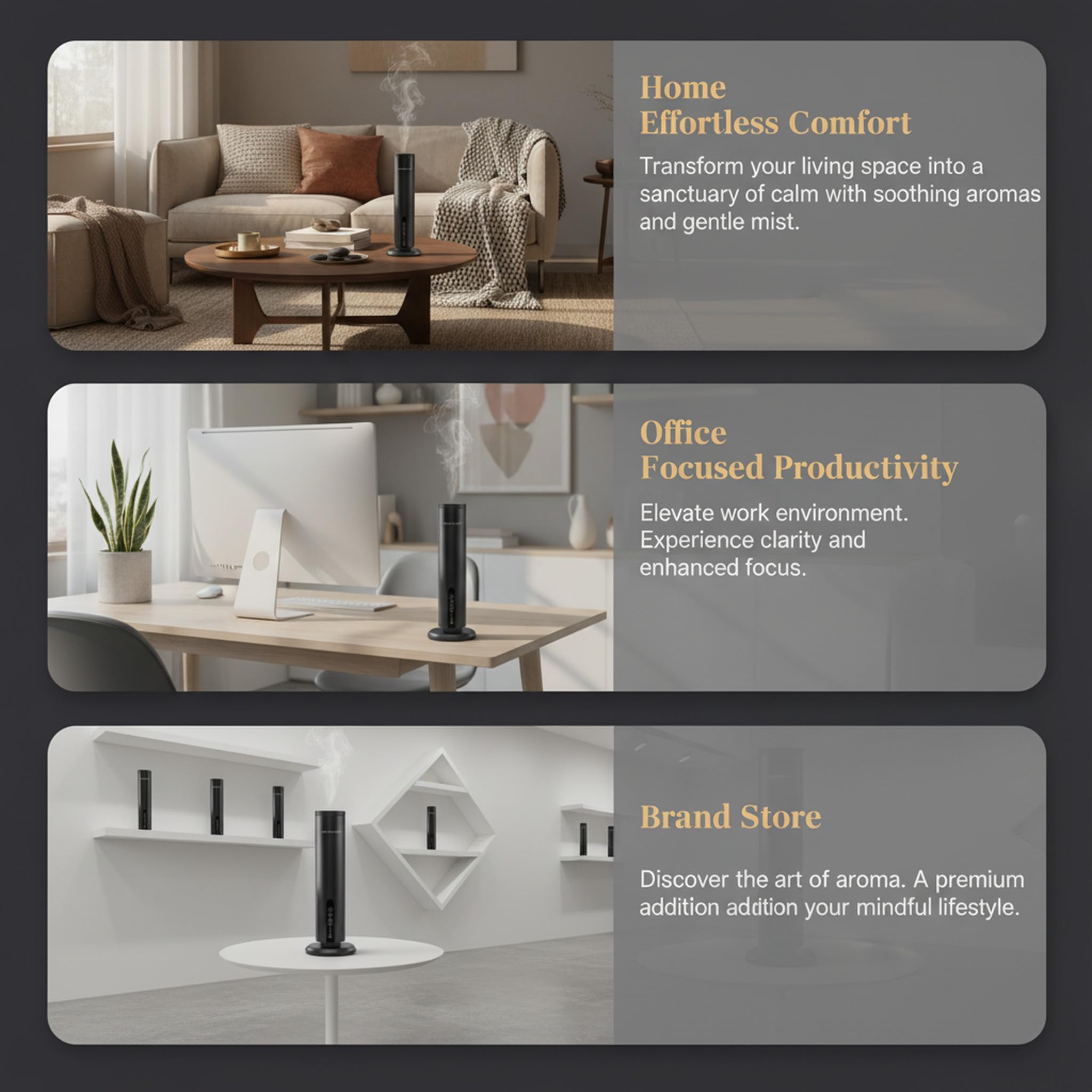 AROMALEV Tower Diffuser portable design for flexible placement.