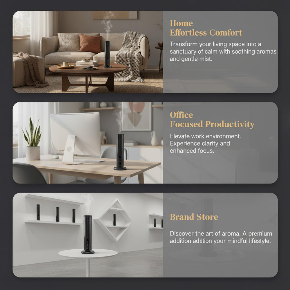 AROMALEV Tower Diffuser portable design for flexible placement.