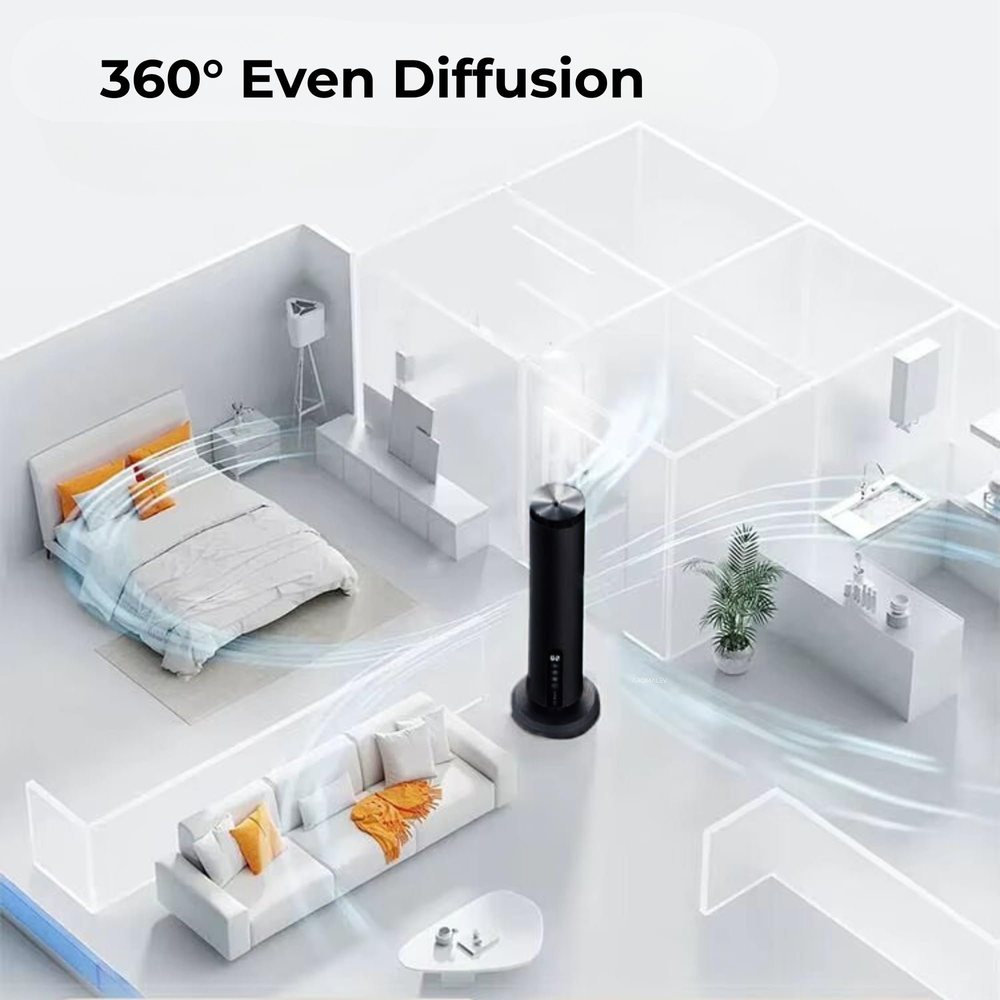 AROMALEV Tower Diffuser quiet operation ideal for bedrooms and offices.