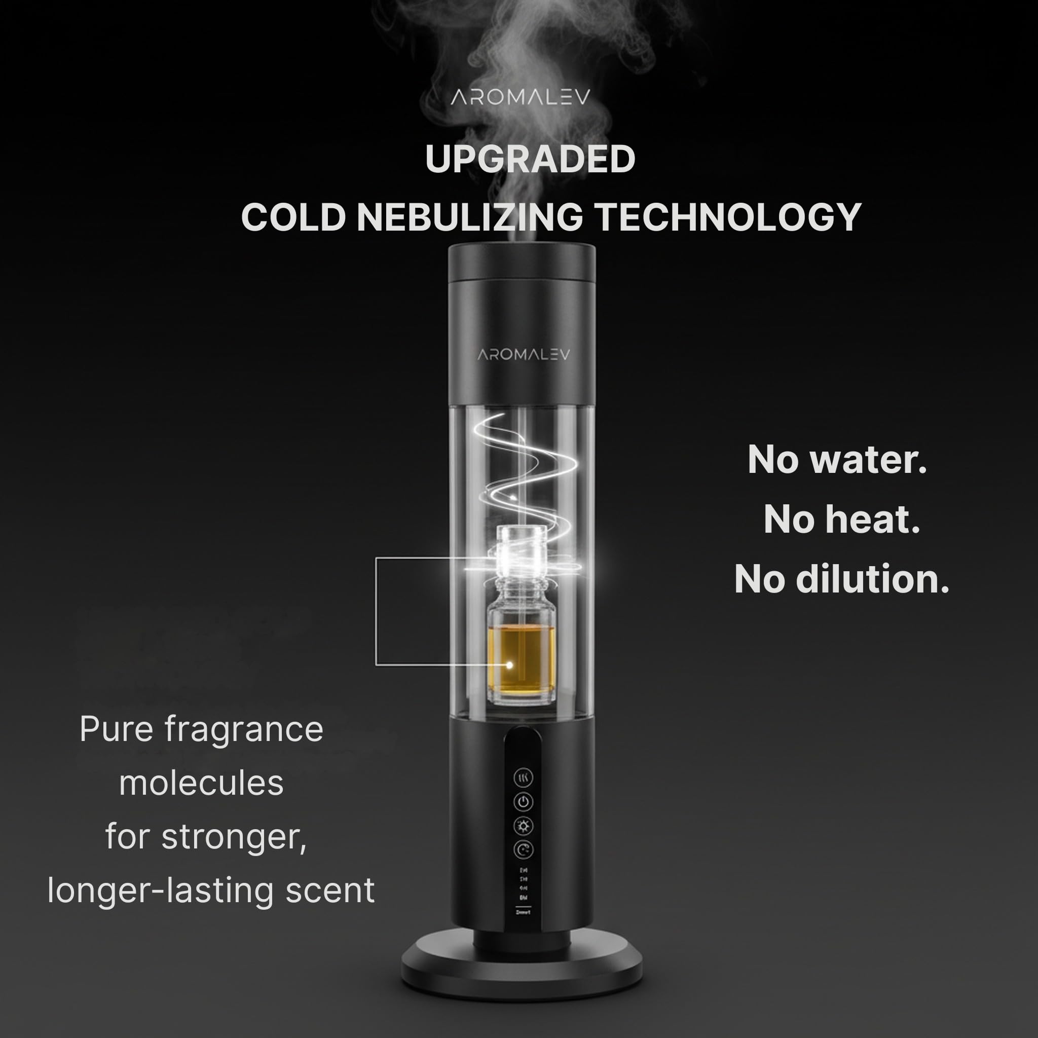 AROMALEV Tower Diffuser side view shows sleek, modern design for living spaces.