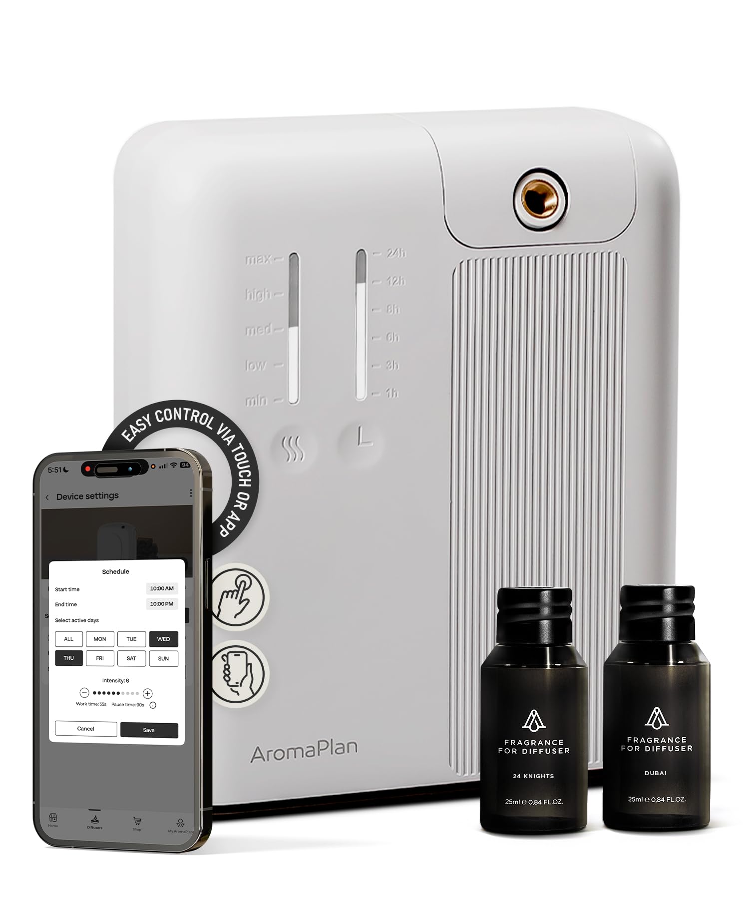 AromaPlan 5-Star Cold Air Scent Diffuser in a modern living room