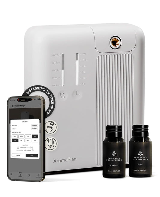 AromaPlan 5-Star Cold Air Scent Diffuser in a modern living room