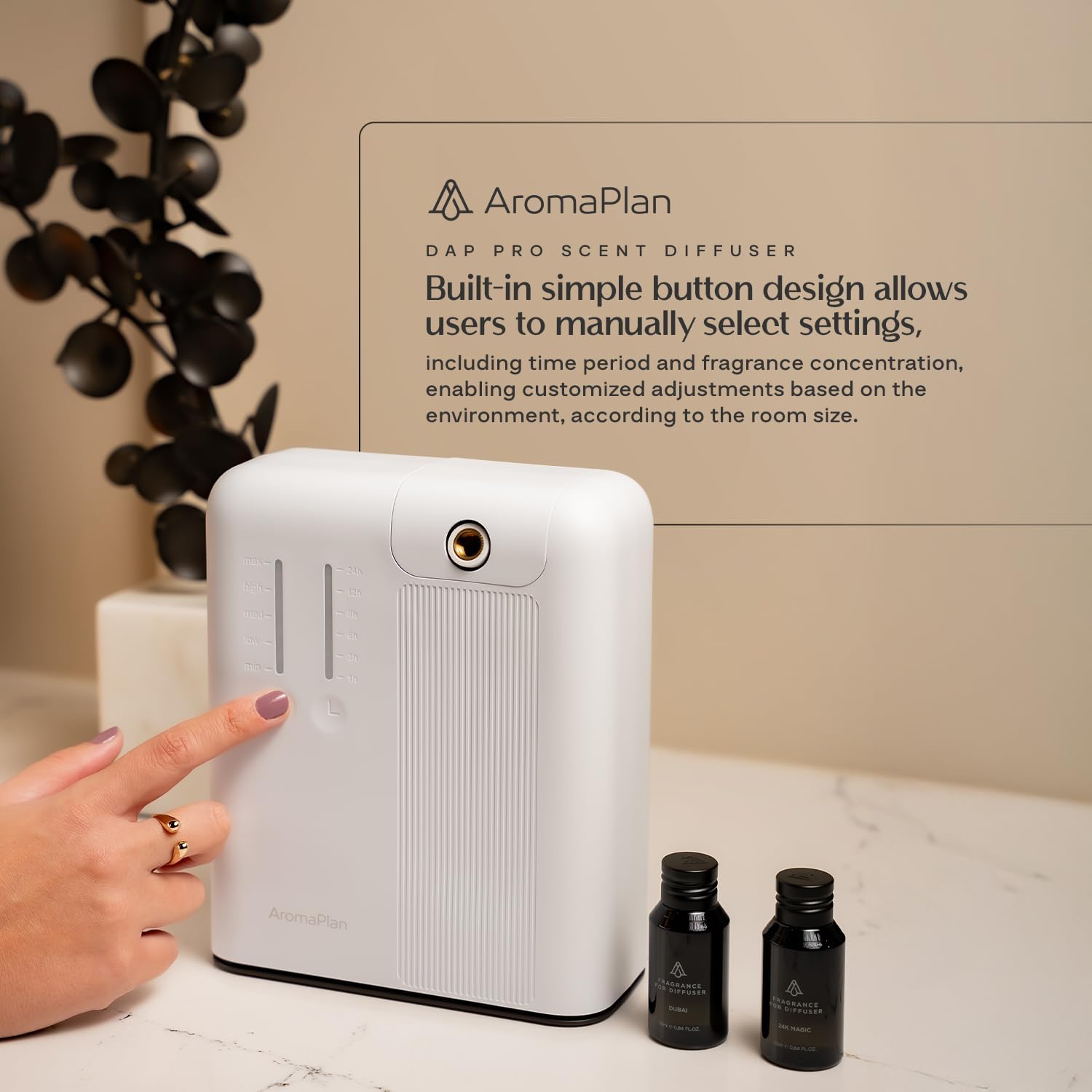 App control screen showing aroma intensity and scheduling options