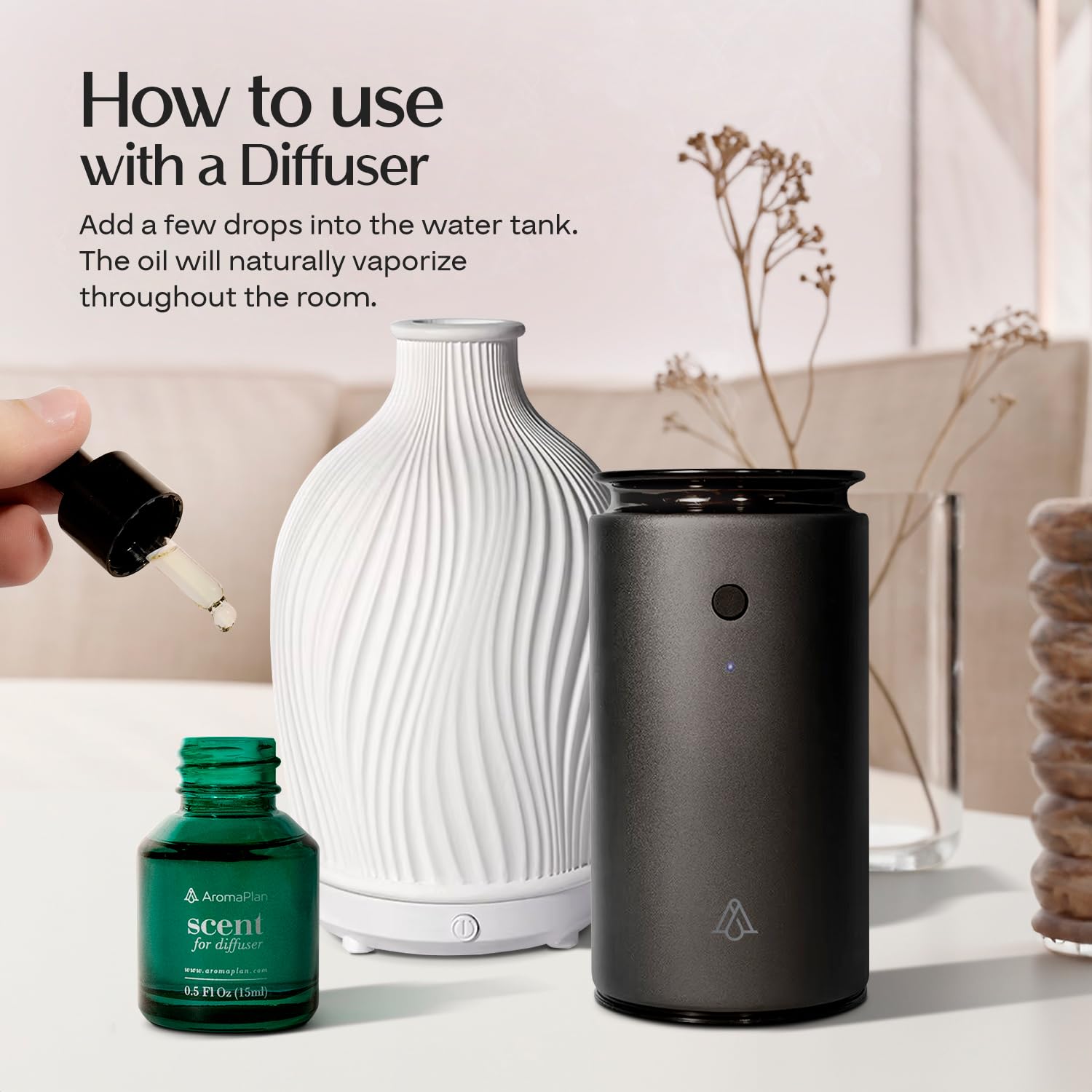 Close-up of AromaPlan Santal diffuser oil bottle