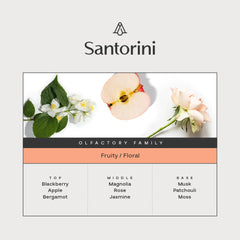Close-up of AromaPlan Santorini diffuser oil label