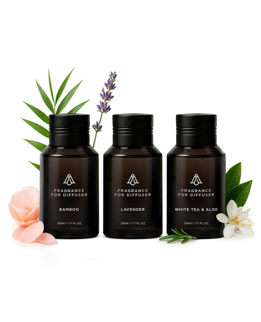 AromaPlan Spring Collection lineup featuring Bamboo diffuser bottle