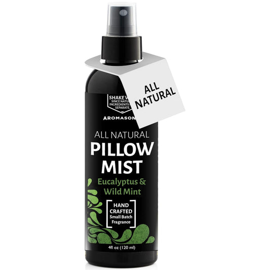 Aromasong Eucalyptus & Wild Mint Pillow Spray bottle on a nightstand