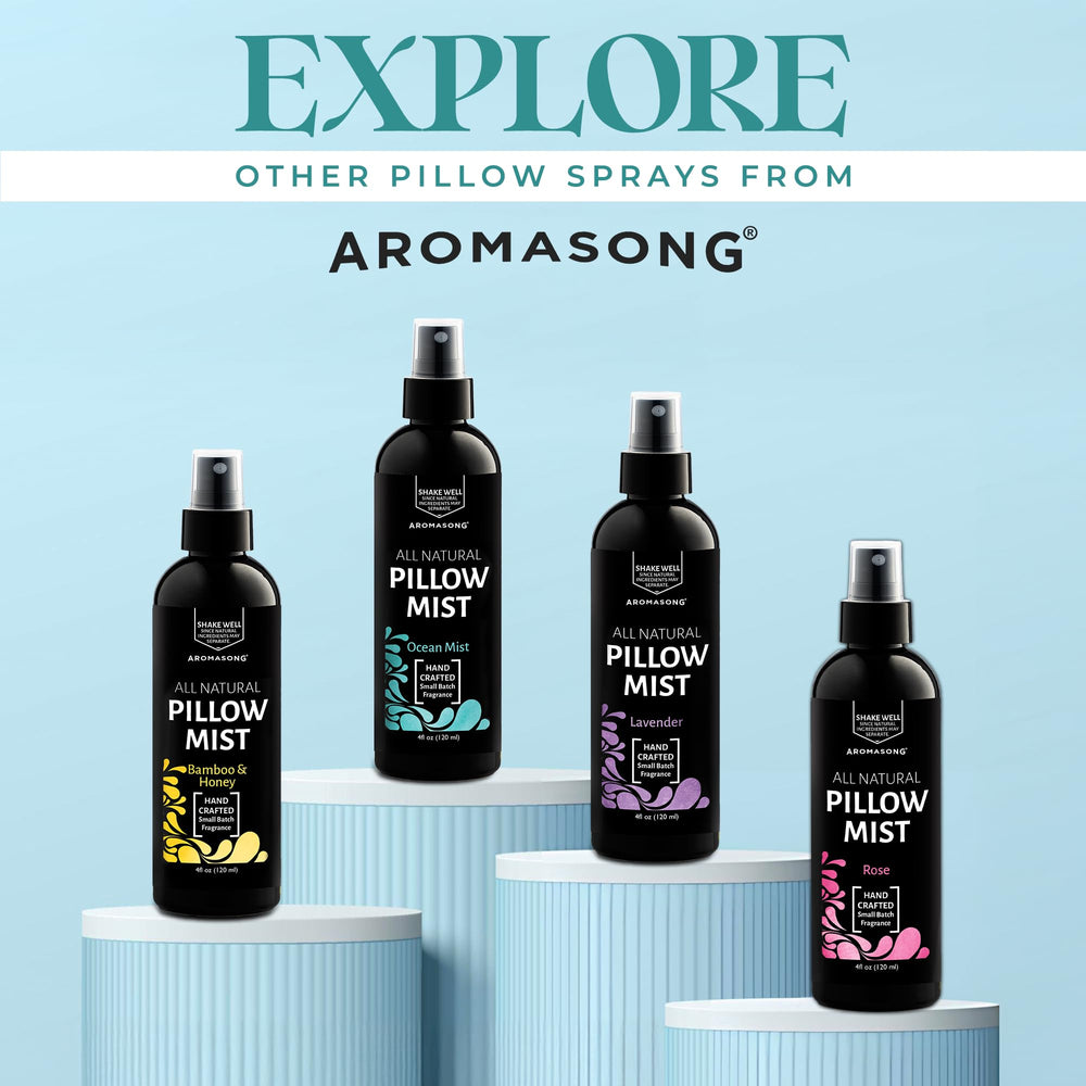 Aromasong Lavender Pillow Spray beside neatly folded linen