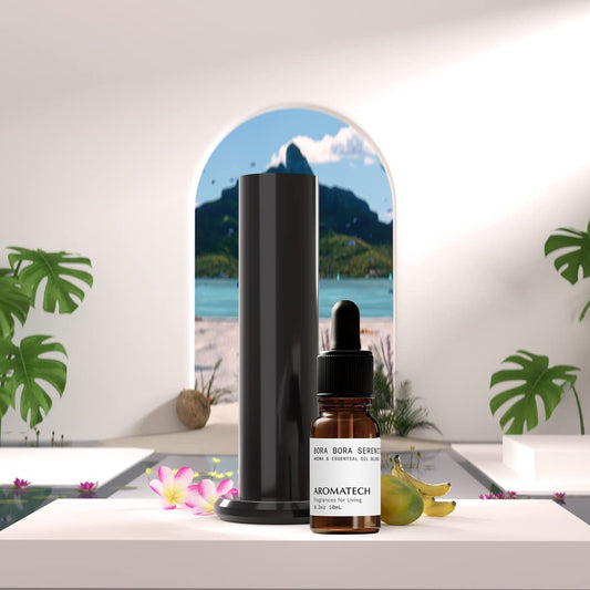 Close-up of tropical fruits and frangipani representing Bora Bora Serenity fragrance