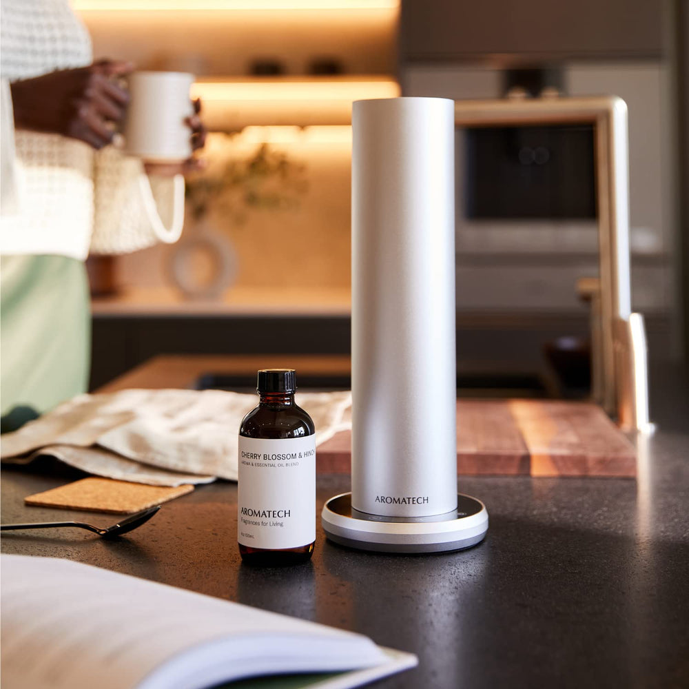 Calm, serene room featuring a diffuser and AromaTech Cherry Blossom & Hinoki oil