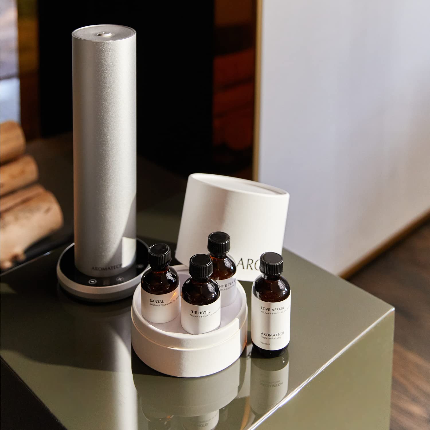Diffuser in a room displaying AromaTech oils