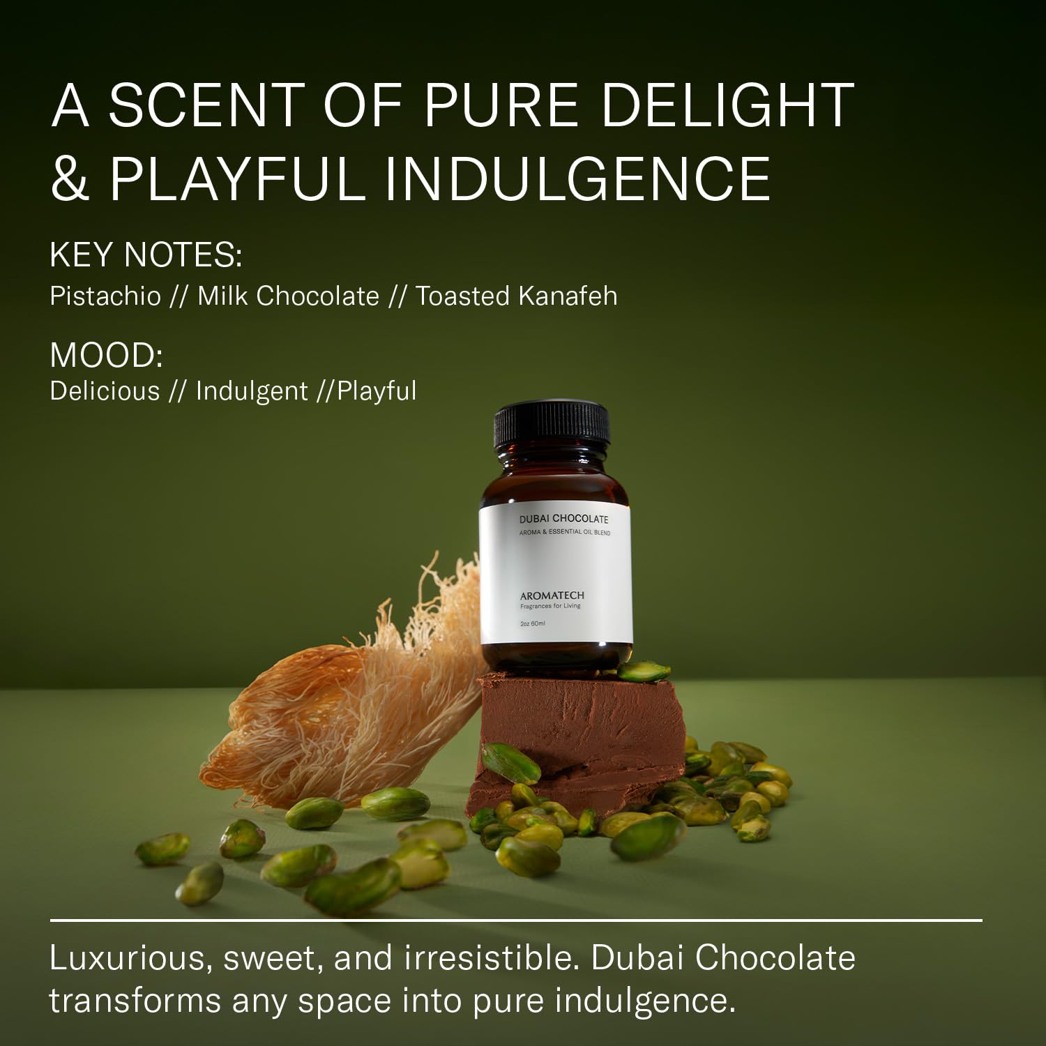 Product shot of AromaTech Dubai Chocolate diffuser oil package.