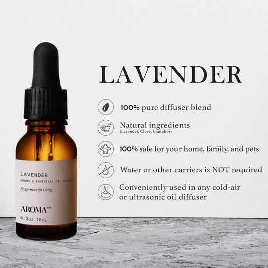 Close-up of Aromatech Lavender essential oil blend bottle label