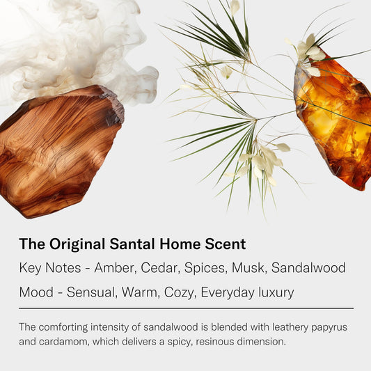 Close-up of Santal blend label showing amber, vanilla, cedar and sandalwood