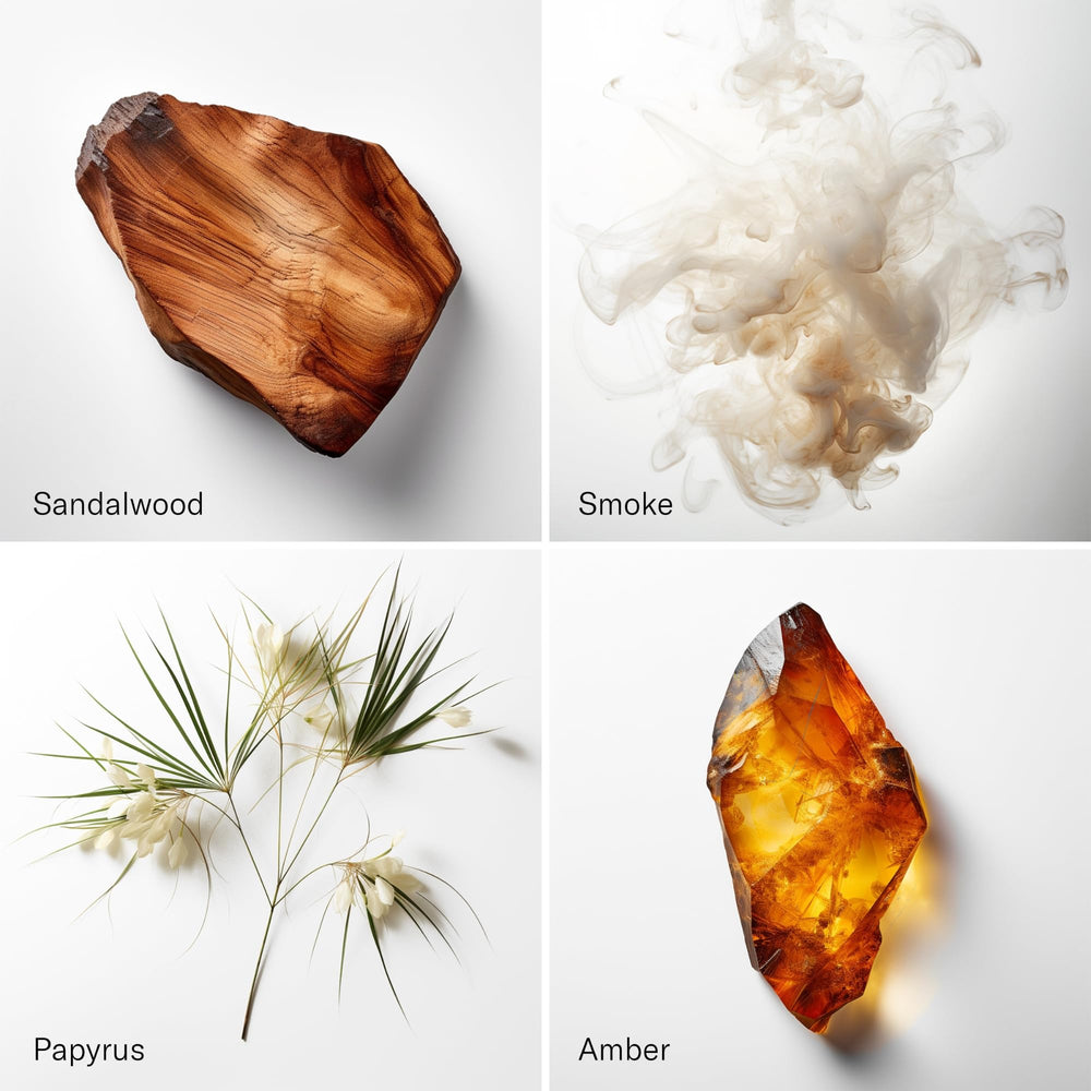 Close-up of Santal Cardamom Papyrus Musk diffuser oil bottles