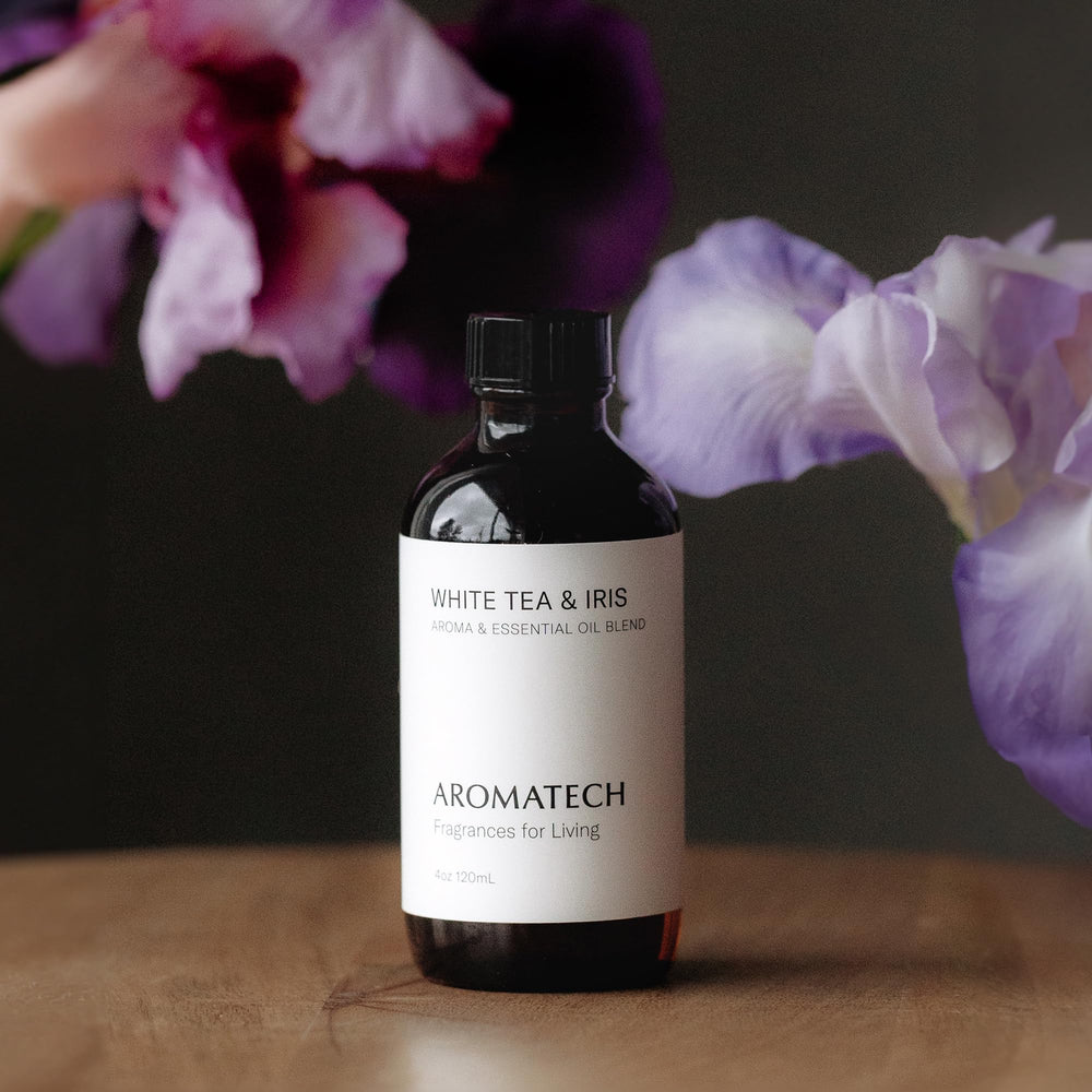 Made in USA packaging for AromaTech White Tea & Iris diffuser oil 120 ml