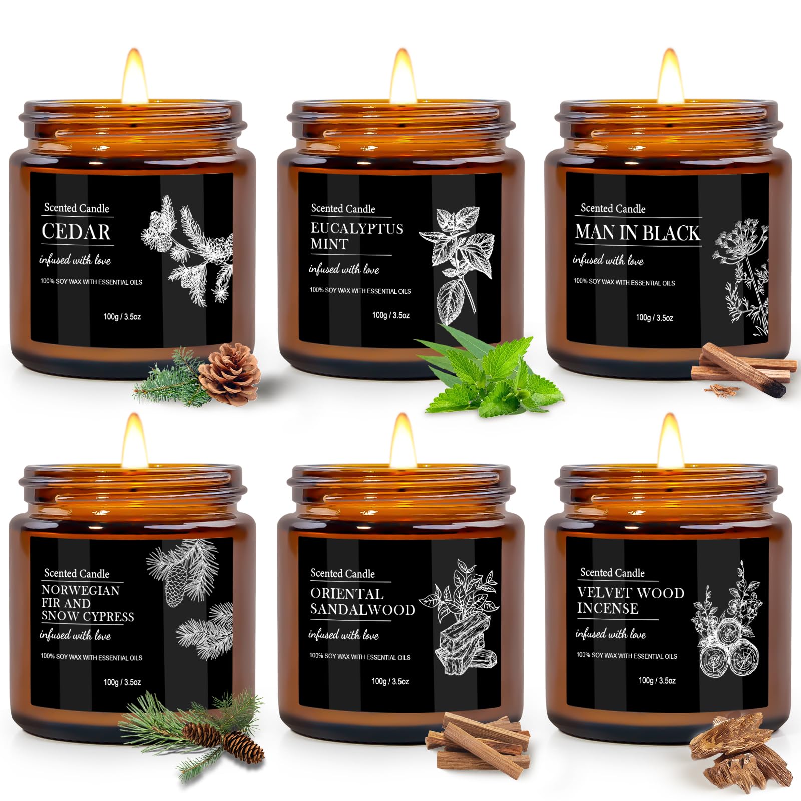 Six-pack Aromatherapy candles for men with sandalwood and cedar scents