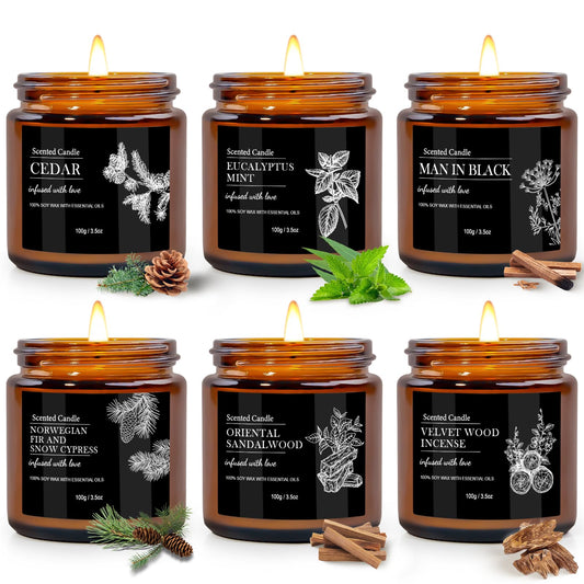 Six-pack Aromatherapy candles for men with sandalwood and cedar scents