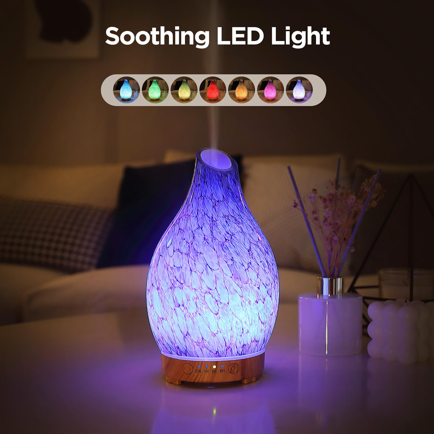 Close-up of 160ml water tank and 7 ambient LED colors