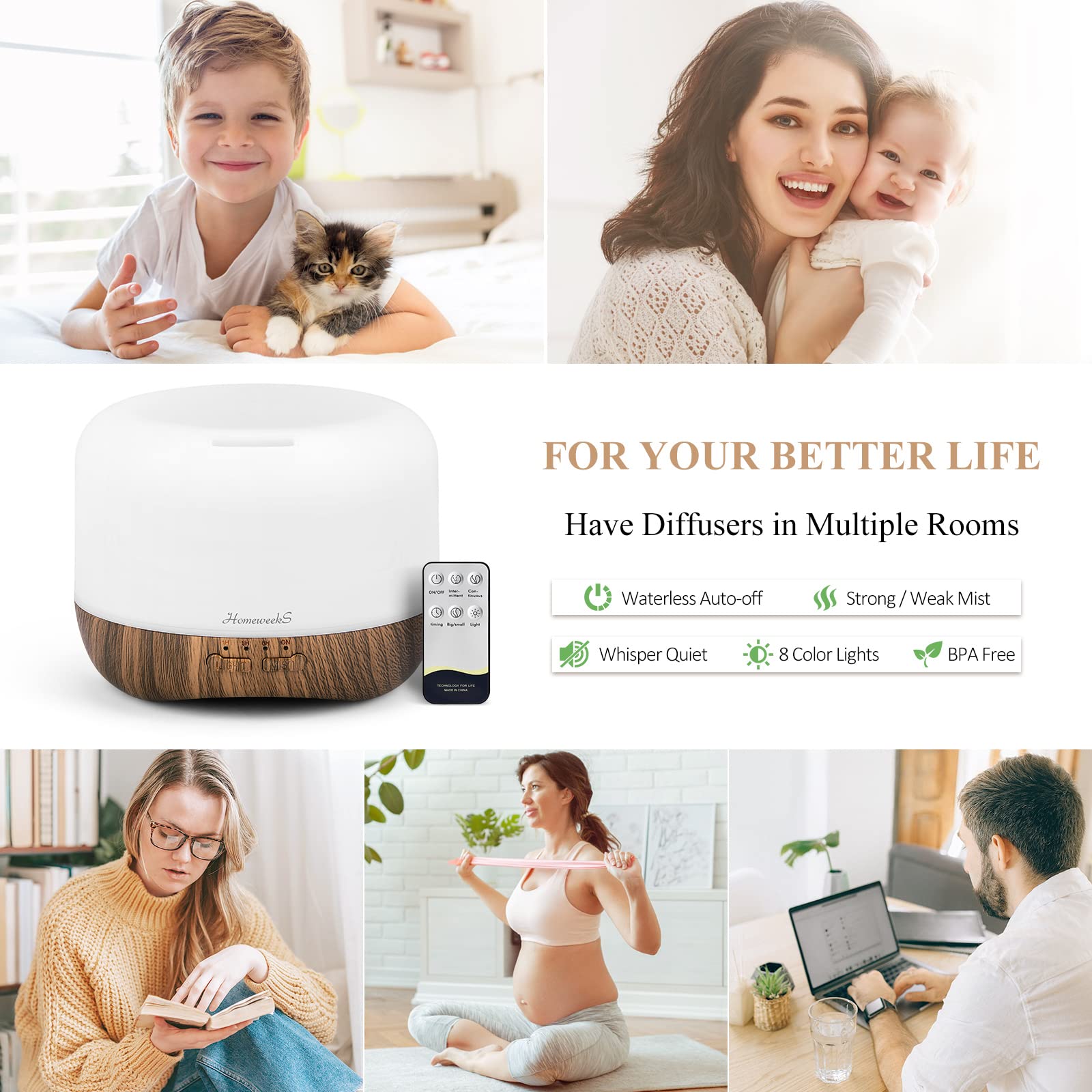 Diffuser showing adjustable mist modes and remote control