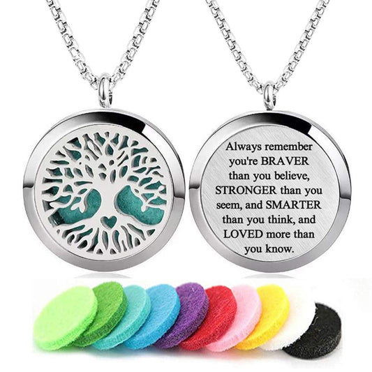 Aromatherapy diffuser necklace in stainless steel with Tree of Life locket pendant