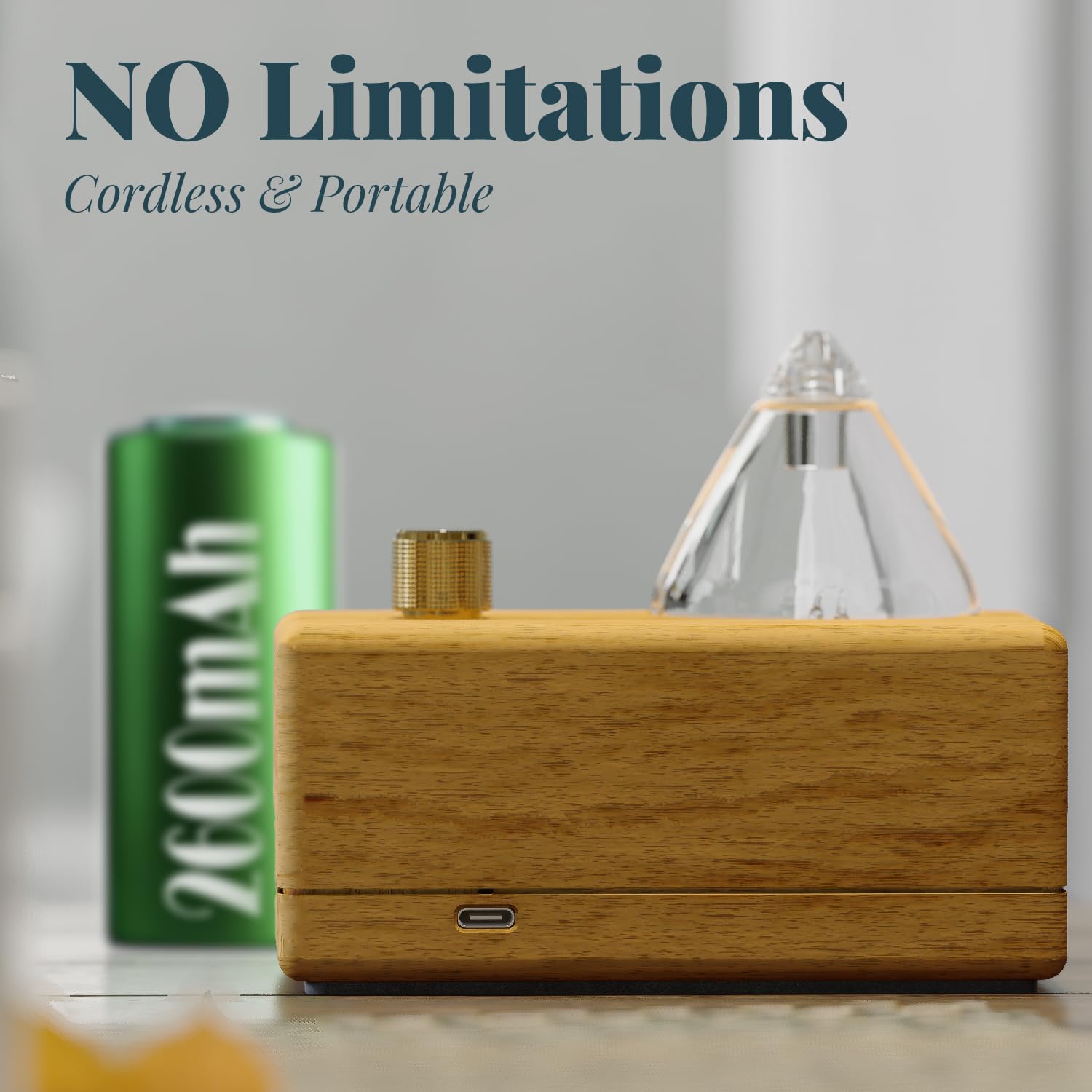 Aromatherapy diffuser on a clean surface highlighting wood grain