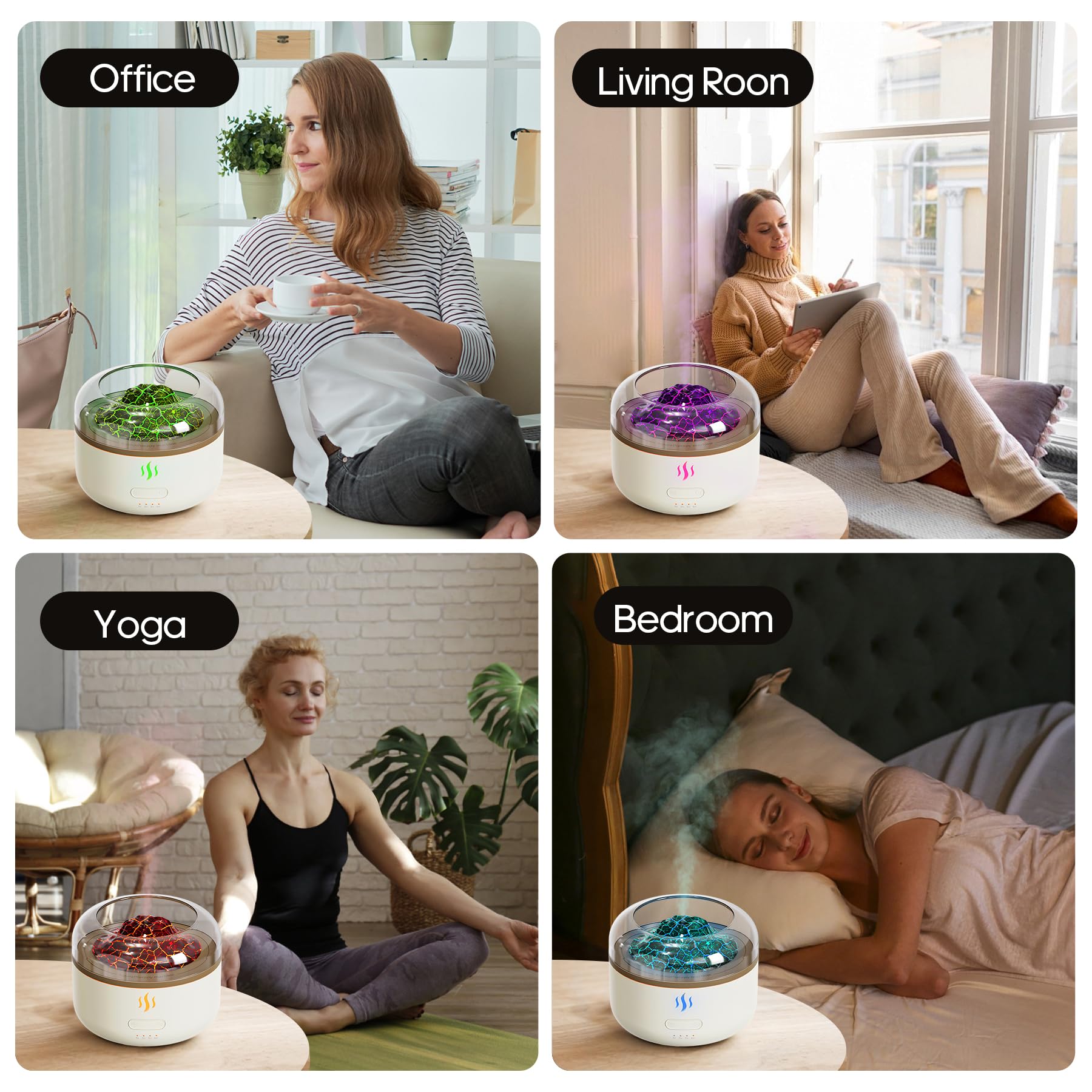 Night mode with soft ambient lighting and aromatherapy