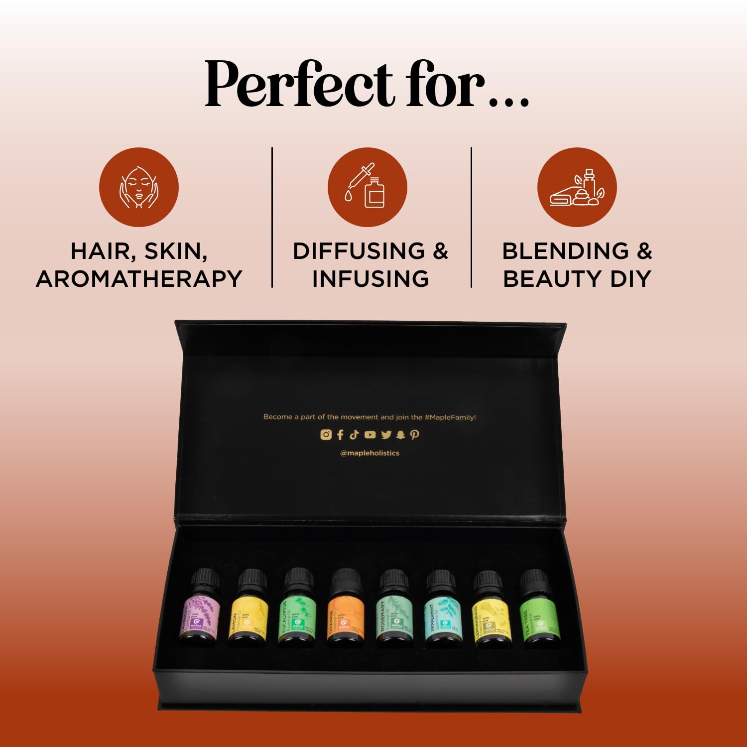 Lavender, tea tree, rosemary, orange, lemon, eucalyptus, lemongrass and peppermint oils