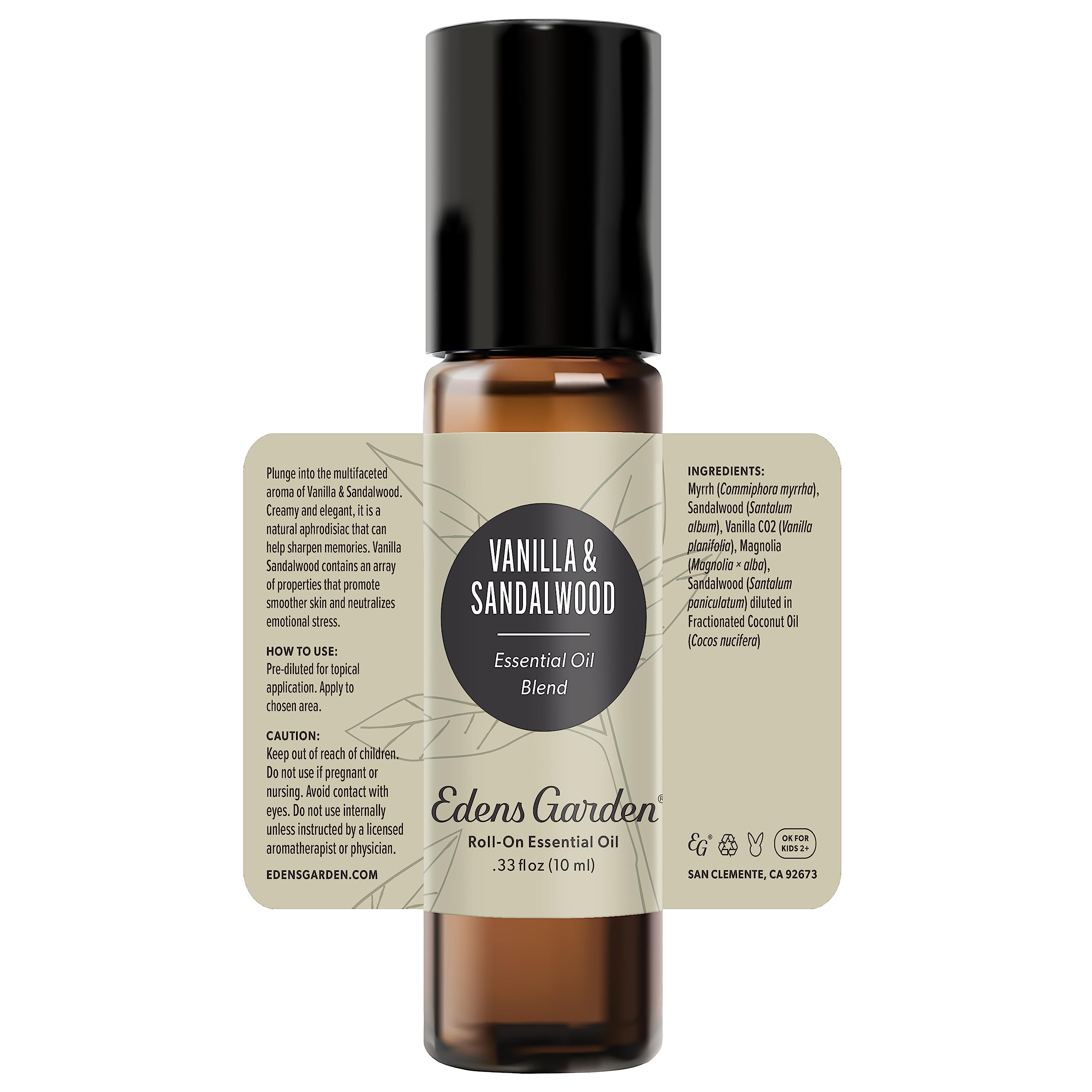 Aromatherapy scene with vanilla sandalwood essential oil bottle