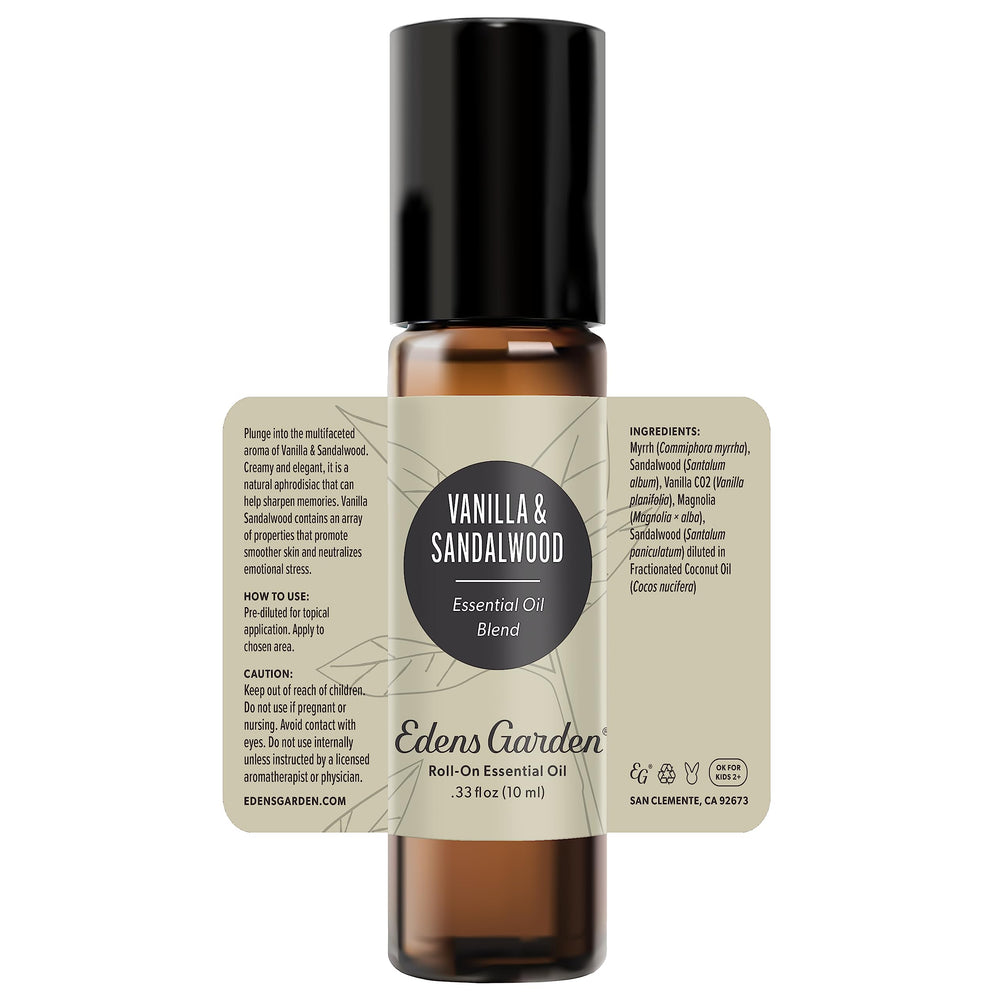 Aromatherapy scene with vanilla sandalwood essential oil bottle