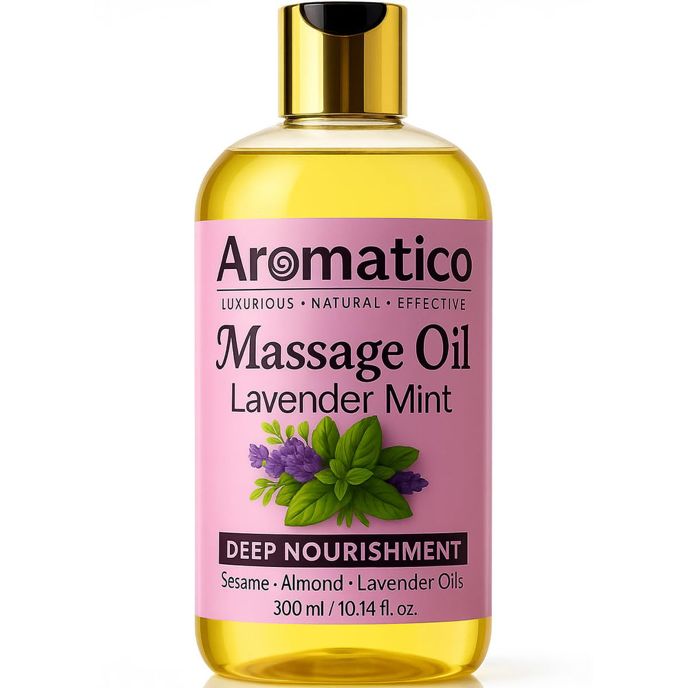 Close-up of Lavender Mint Massage Oil ingredients: Lavender, Sesame, Almond & Jojoba