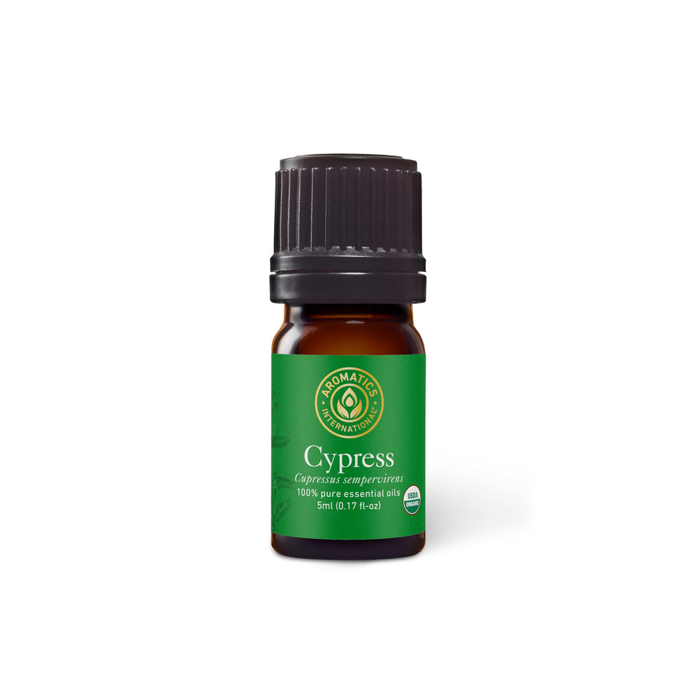 Aromatics International Cypress 5ml bottle for diffusing and calming aromatherapy.