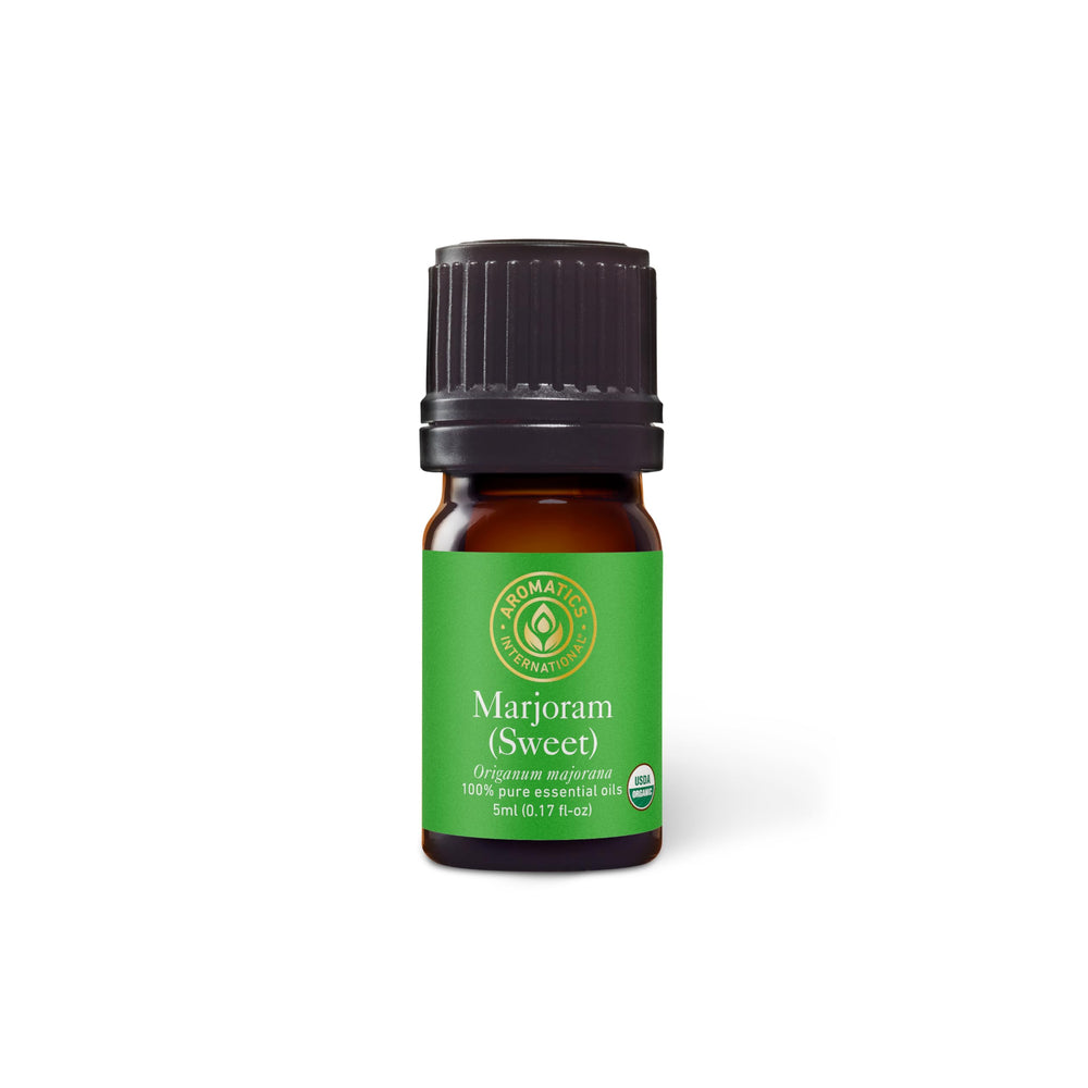 Aromatics International Marjoram Sweet Essential Oil bottle for calming diffusions and relaxing rituals.