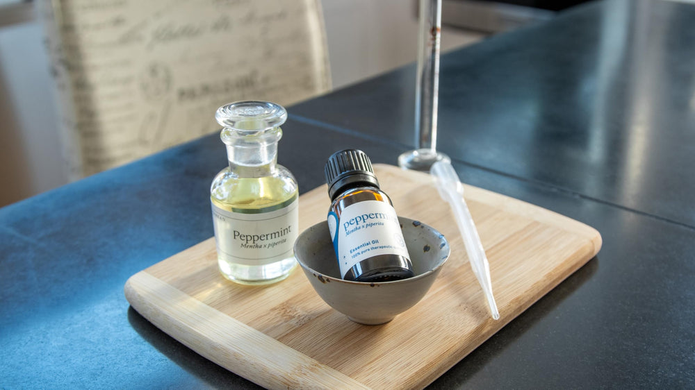 Aromatics International peppermint oil dropper closeup illustrating easy topical or diffuse use