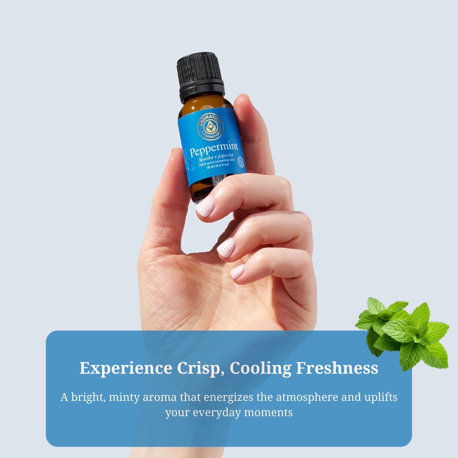 Aromatics International pure peppermint oil amber bottle highlighting quality and aroma