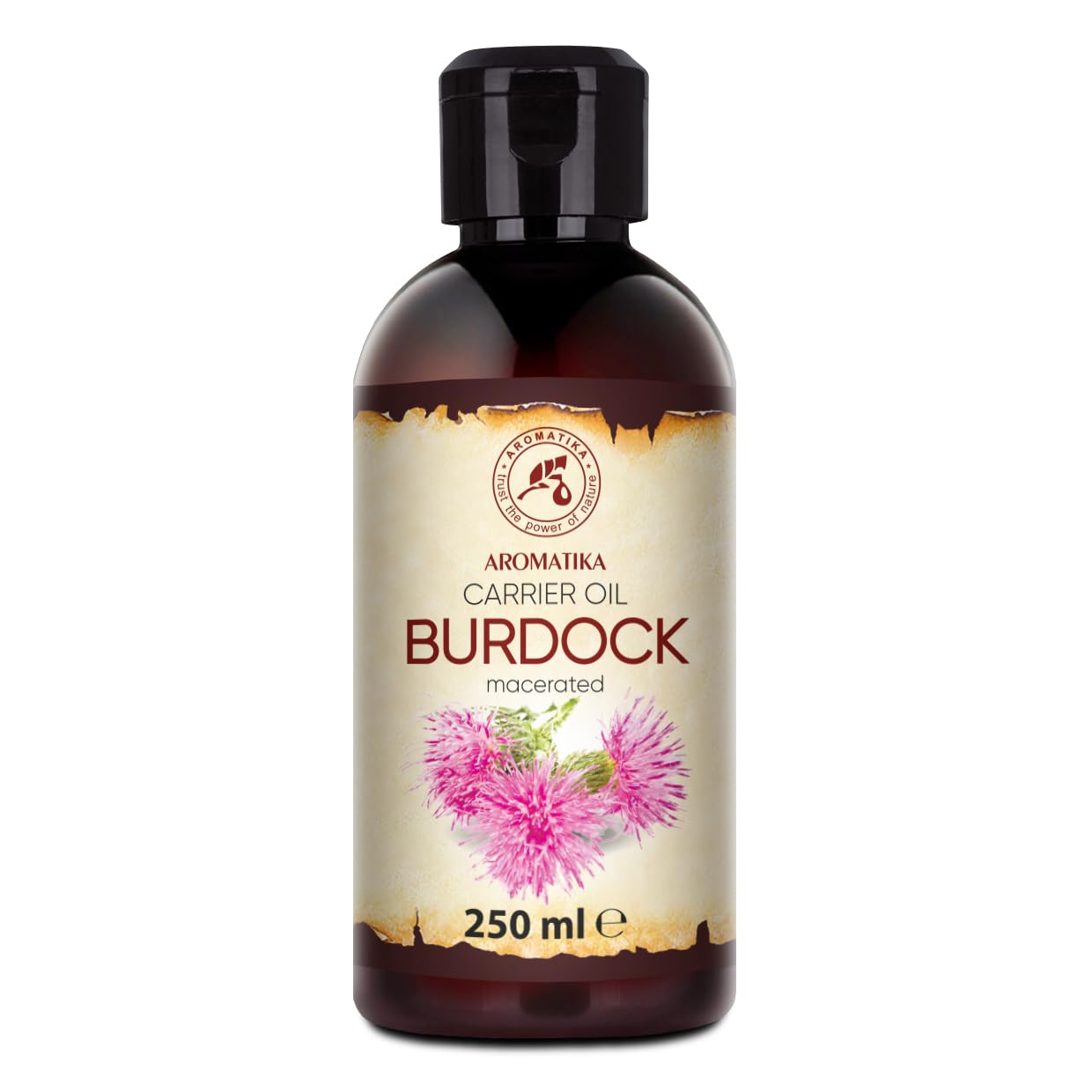 AROMATIKA Burdock Oil bottle for skin and hair nourishment.
