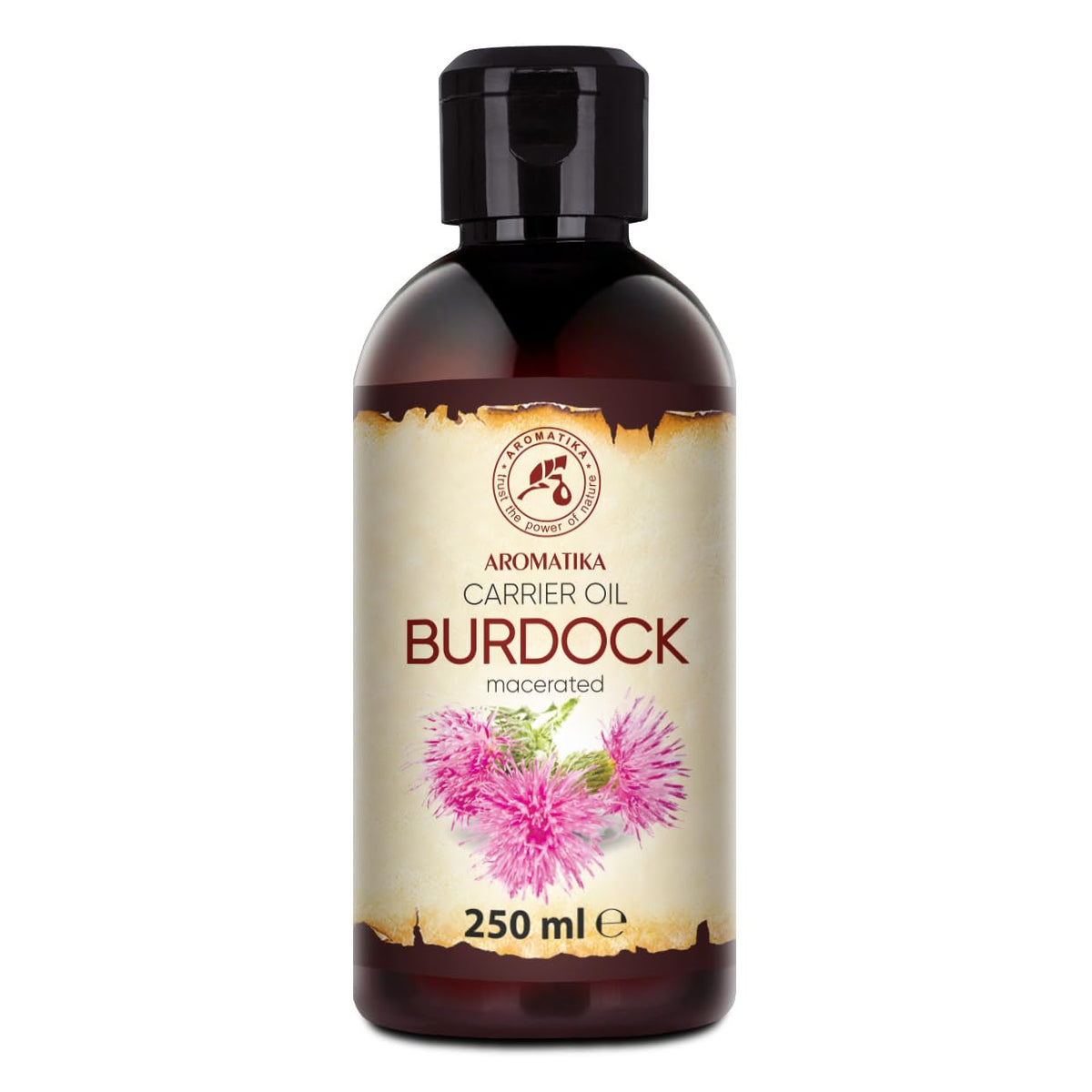 AROMATIKA Burdock Oil bottle for skin and hair nourishment.