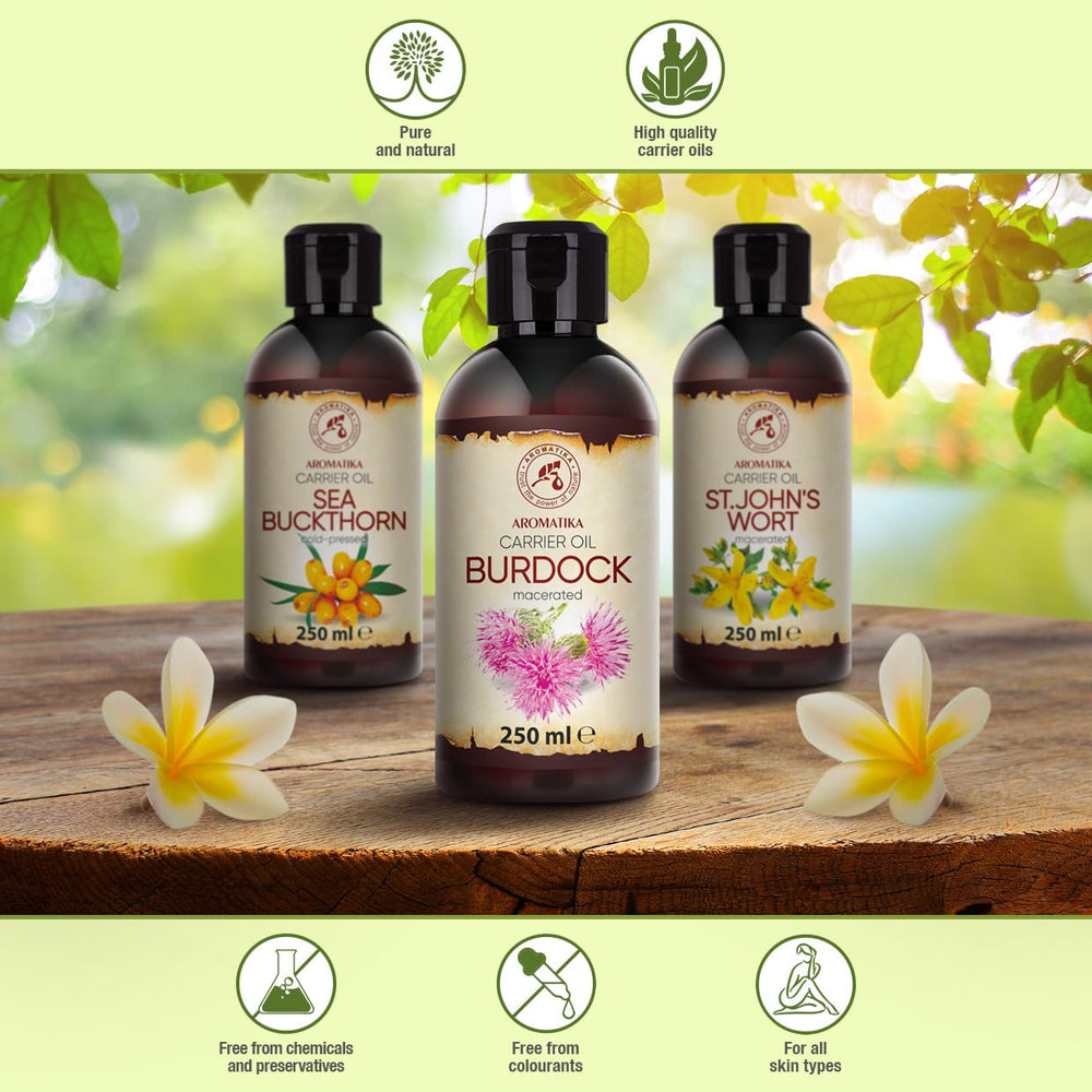 AROMATIKA Burdock Oil cosmetic enrichment hints at natural cream, mask, or shampoo formulations.