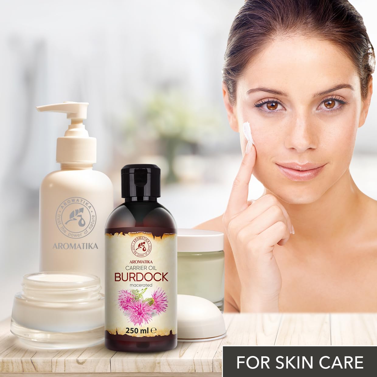 AROMATIKA Burdock Oil on hair demonstrates nourishment for dry or dyed strands.