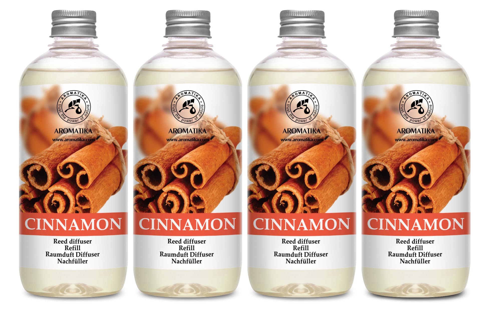 AROMATIKA Cinnamon Reed Diffuser Refill bottle 1 for long-lasting fragrance in living spaces.