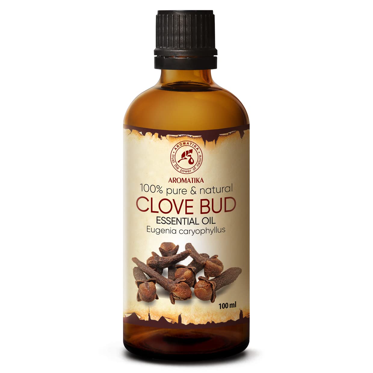 AROMATIKA Clove Bud Oil bottle captures warm, spicy aroma for home fragrance.