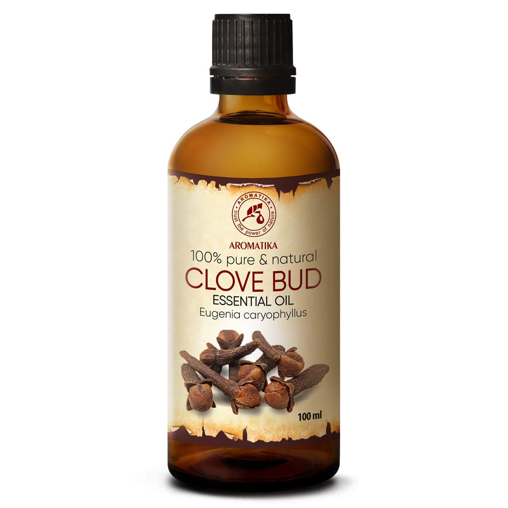 AROMATIKA Clove Bud Oil bottle captures warm, spicy aroma for home fragrance.