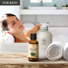 AROMATIKA Fir Needle Oil amber bottle on shelf as a natural essential oil choice.