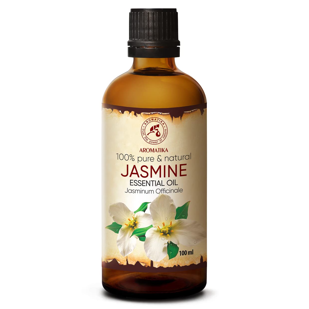 AROMATIKA Jasmine essential oil bottle close-up for mood-enhancing fragrance