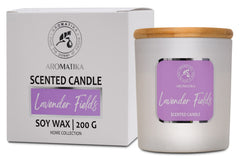 AROMATIKA Lavender Fields candle glass front showcases elegant design and calming fragrance.