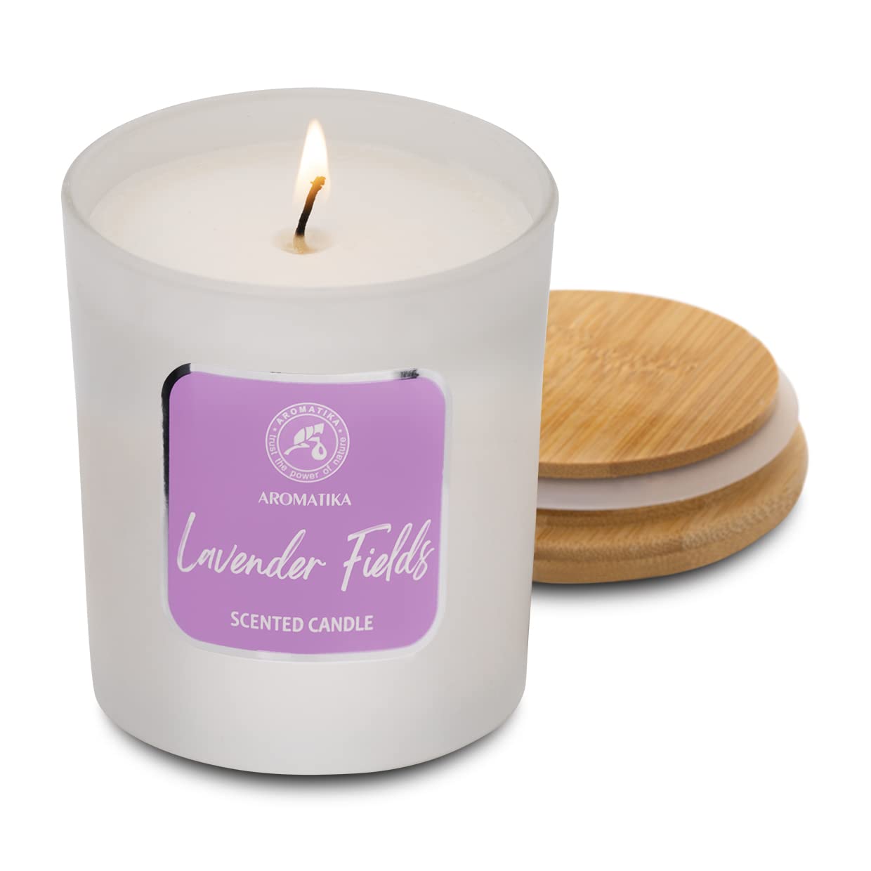 AROMATIKA Lavender Fields wax closeup highlights natural soy for cleaner burning.