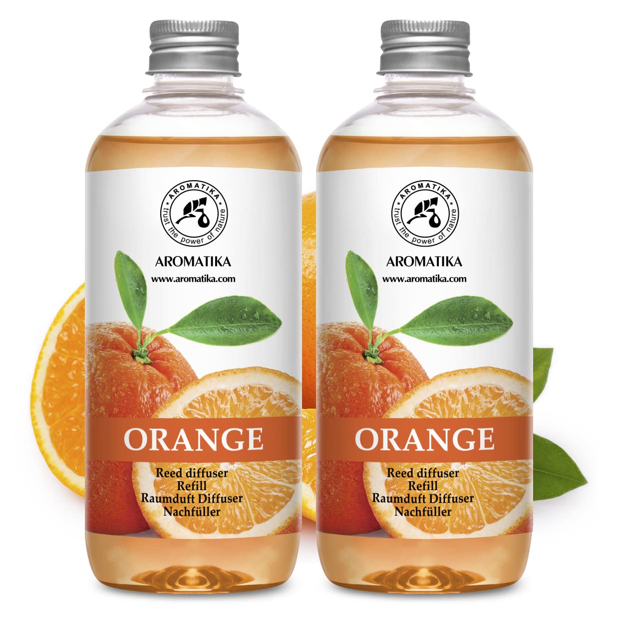 AROMATIKA orange diffuser refills two 500ml bottles ready to pour for long-lasting fragrance