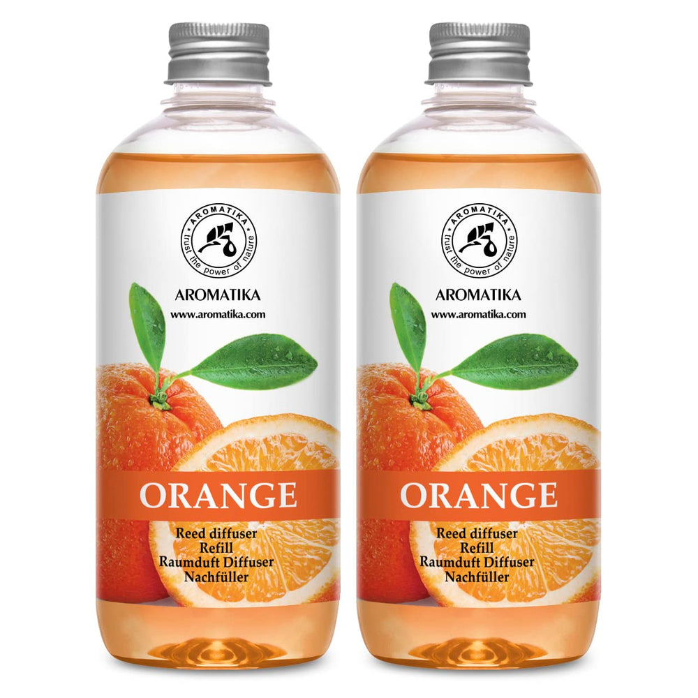 AROMATIKA orange room diffuser refill bottles showing two 500ml containers for home aromatherapy