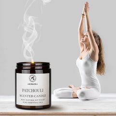 AROMATIKA Patchouli candle close look at essential oil ingredients